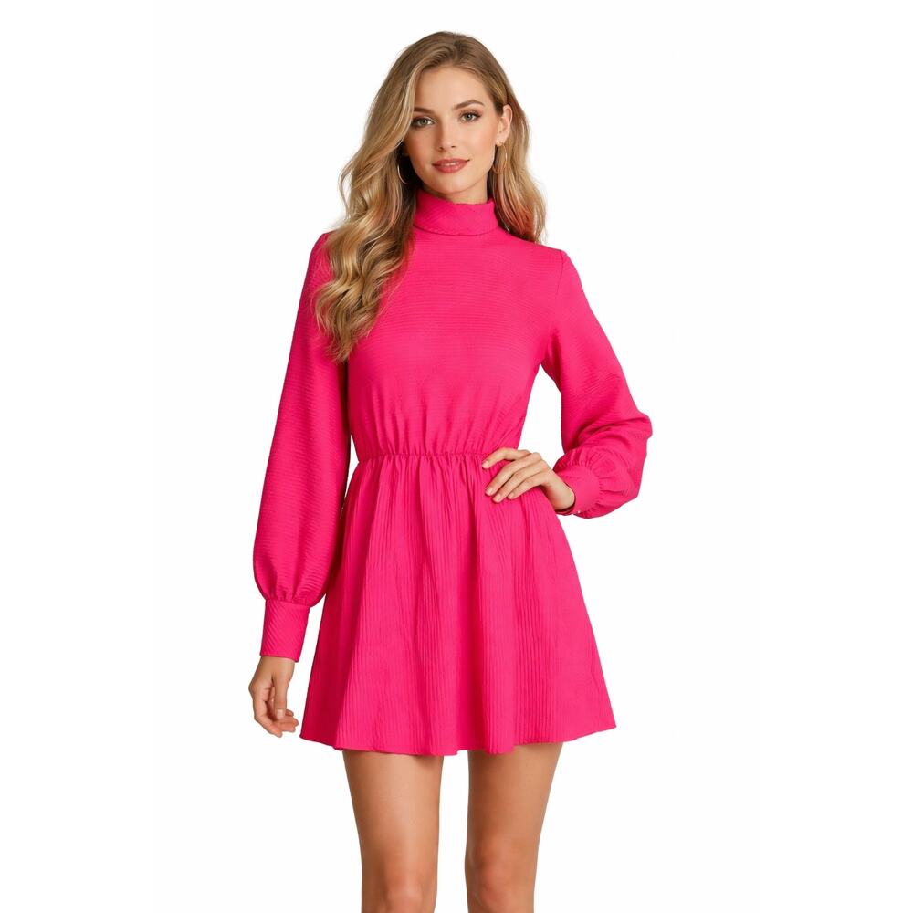 1968–72 Saks Fifth Avenue Hot Pink Crinkle Mini Dress High Neck Mod size XS